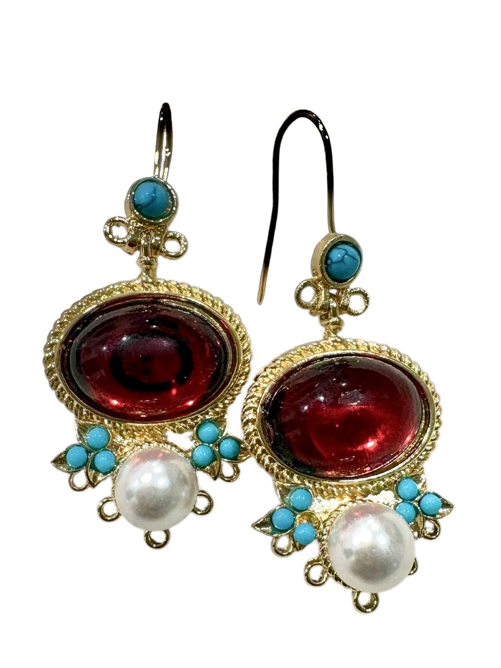 Gold-Tone Red Glass, Faux Turquoise & Faux Pearl Drop Earrings - Unbranded